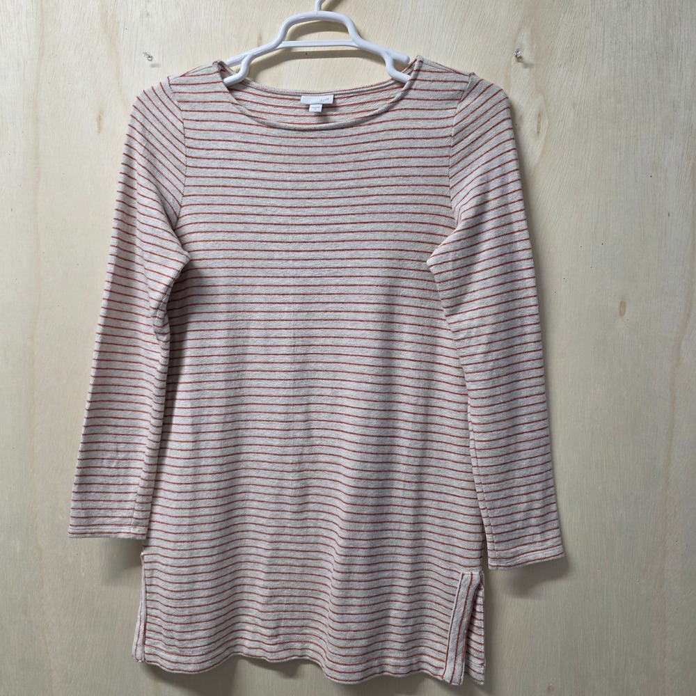 J. Jill Womens Medium Tunic Top Orange Striped 100% Cotton Long Sleeve Crew Neck